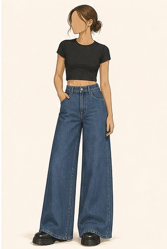 Illustration of a cropped fitted top with high-waisted wide-leg denim and platform shoes.
