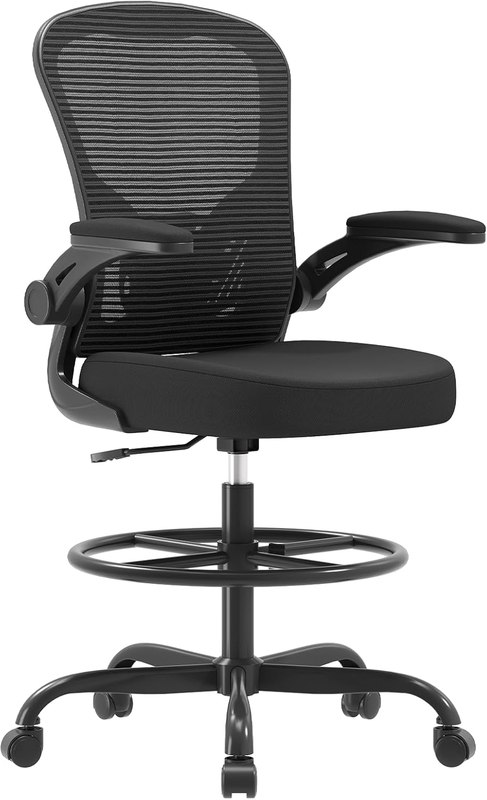 Ergonomic Tall Drafting Chair-Mesh Desk Chair with Flip-Up Arms | Adjustable Height,Lumbar Support,Adjustable Footrest Ring,Standing Desk,Breathable Backrest