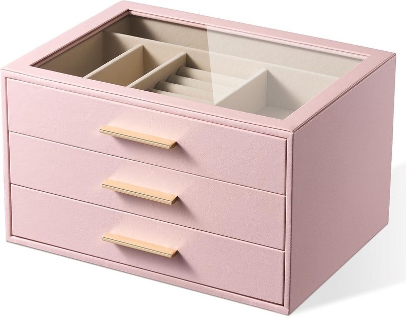 Jewelry Box Organizer Storage Case, 3-Layer with Glass Window, Pink | Pink Leather with Velvet Holder for Ring Necklace Bracelet Brooch Watch, Great Gift for Her