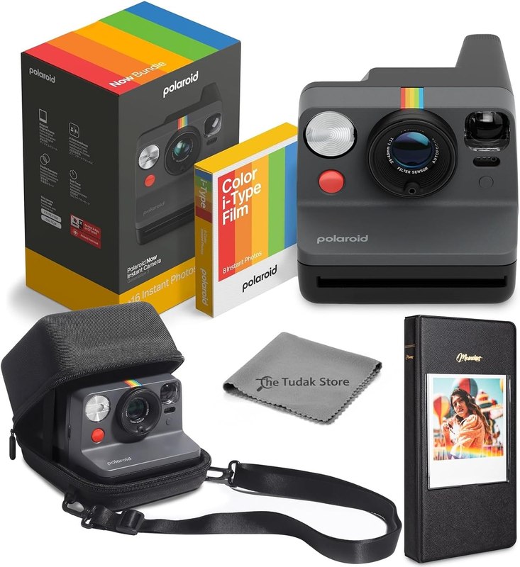 Polaroid Now 3rd Generation i-Type Instant Film Camera, Black + 8 Color Film Photos + Tudak Accessories Bundle, Incl. Compatible Carrying Case, 64-Pocket Photo Album & Microfiber Cleaning Cloth