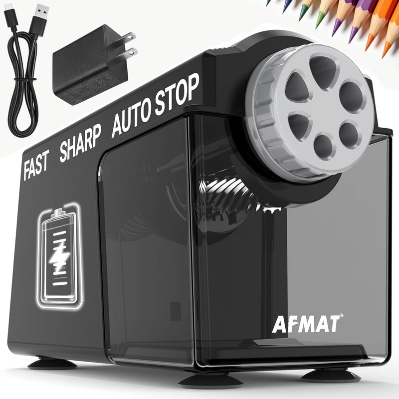 AFMAT Electric Pencil Sharpener for Classroom, 6 Holes, Cordless & Rechargeable, Super Fast, Auto Stop, 10K+ Uses, Heavy Duty Pencil Sharpener for 6-11mm No.2/Large/Colored Pencils