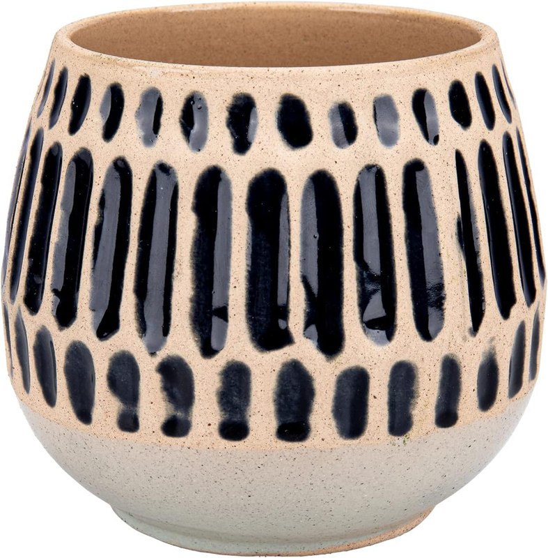 Ceramic Planter 5 Inch Succulent Flower Pot with Blue Stripe | Mid-Century Rustic Style Plant Pots Suitable for Indoor Outdoor Decor, Great for Succulents Mini Flowers and Desktop Plants