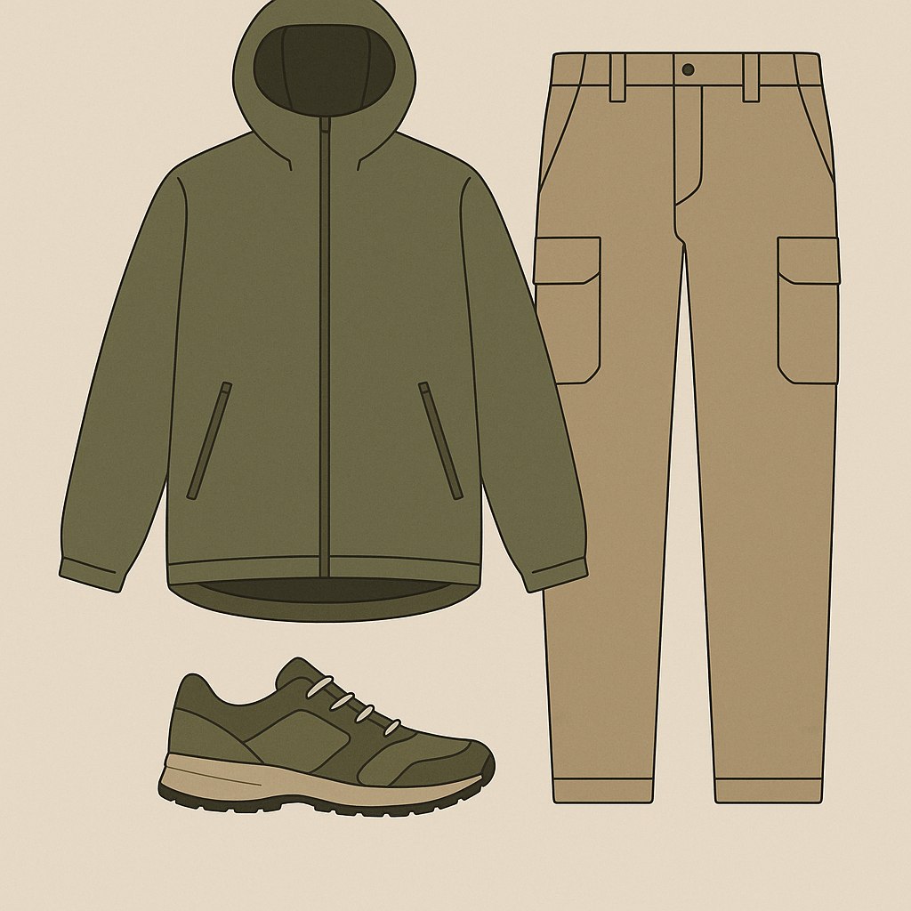 Illustration explaining the gorpcore silhouette: layered technical outdoor clothing.