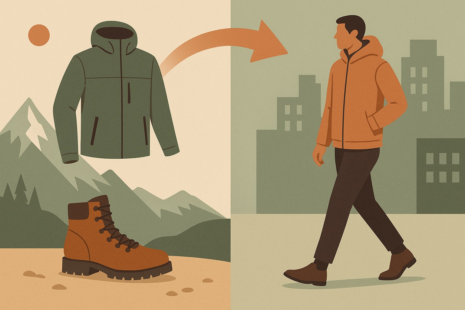 Illustration showing the conceptual transformation from alpine mountaineering gear to city street style.