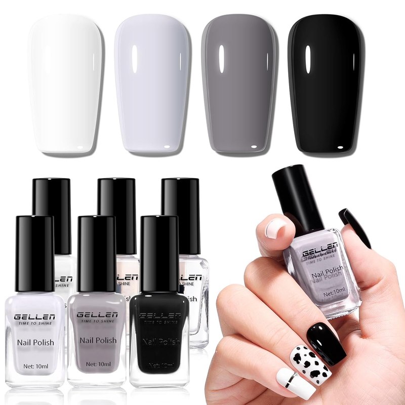 GELLEN 6PCS Black White Gray Nail Polish with Base Top Coat, No Lamp Needed | Toxin HEMA Free, Quick Air Dry, Not Gel Polish, 4 Colors Regular lacquer for Finger Toe Acrylic Nails Fall Winter