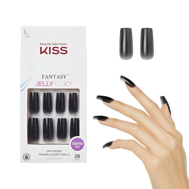 KISS Gel Fantasy Press On Nails, Nail glue included, 'Jelly Gelée', Black, Long Size, Square Shape, Includes 28 Nails, 2g glue, 1 Manicure Stick, 1 Mini File