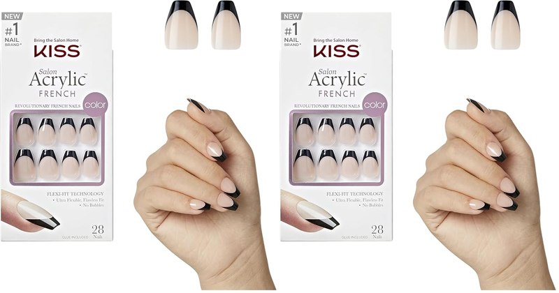KISS Salon Acrylic, Press On Nails, Nail glue included, 'Flame', Black, Short Size, Coffin Shape, Includes 28 Nails, 2g glue, 1 Manicure Stick, 1 Mini File (Pack of 2)