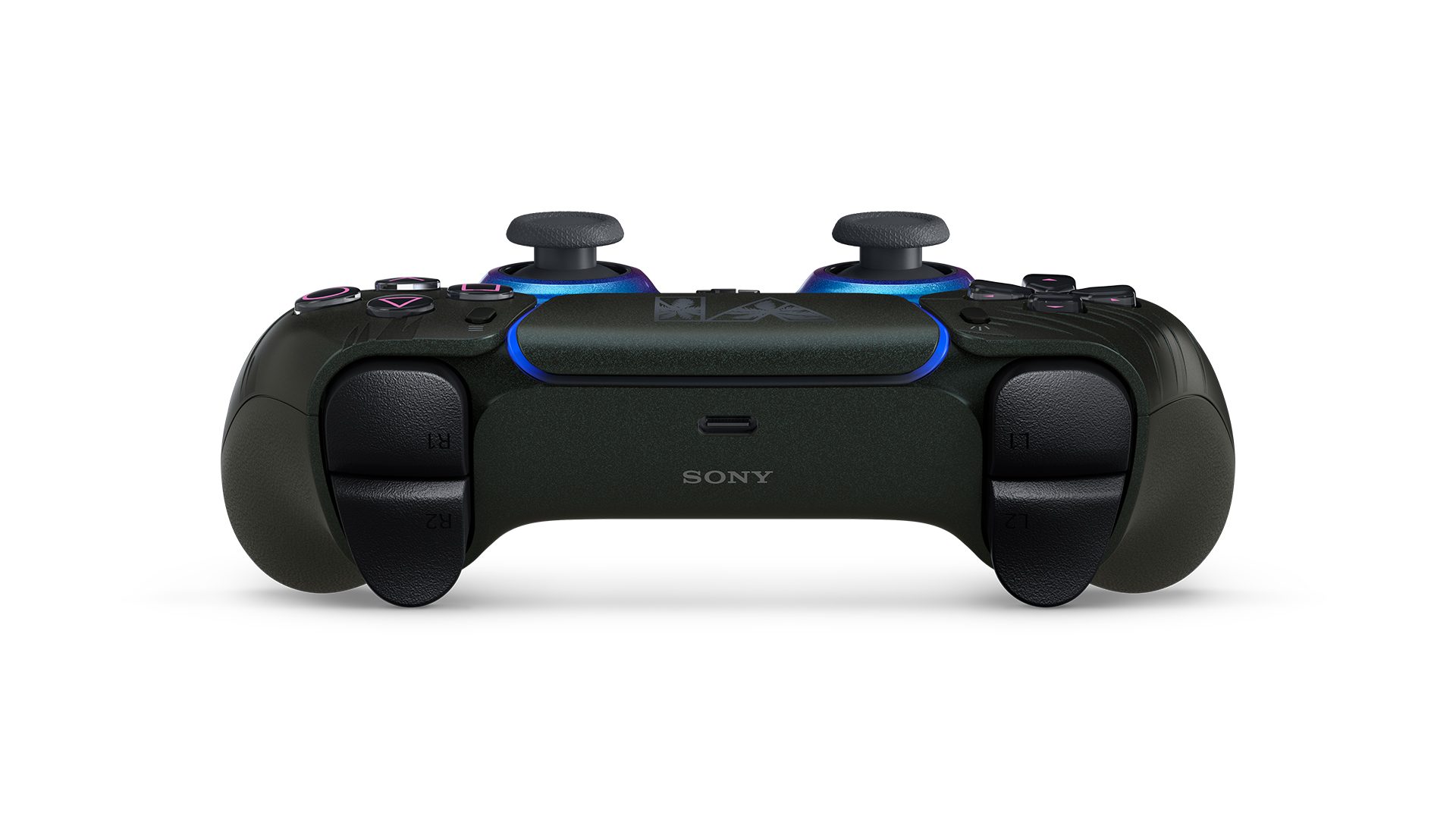DualSense Wireless Controller Grand Theft Auto VI Black Limited Edition, flat rear view showing SONY branding and L1/R1/L2/R2 triggers, official PlayStation press photo