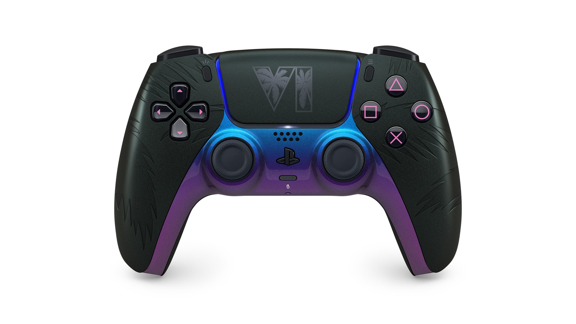 DualSense Wireless Controller Grand Theft Auto VI Black Limited Edition, face buttons close-up, official PlayStation press photo