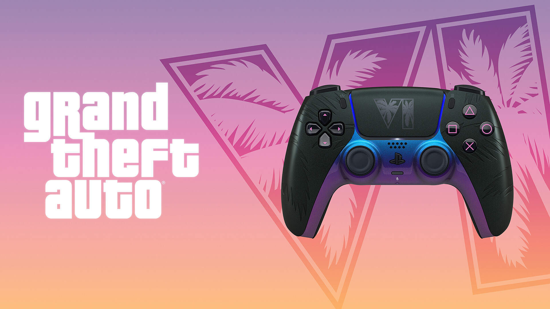 DualSense Wireless Controller Grand Theft Auto VI Black Limited Edition, front view, official PlayStation press photo