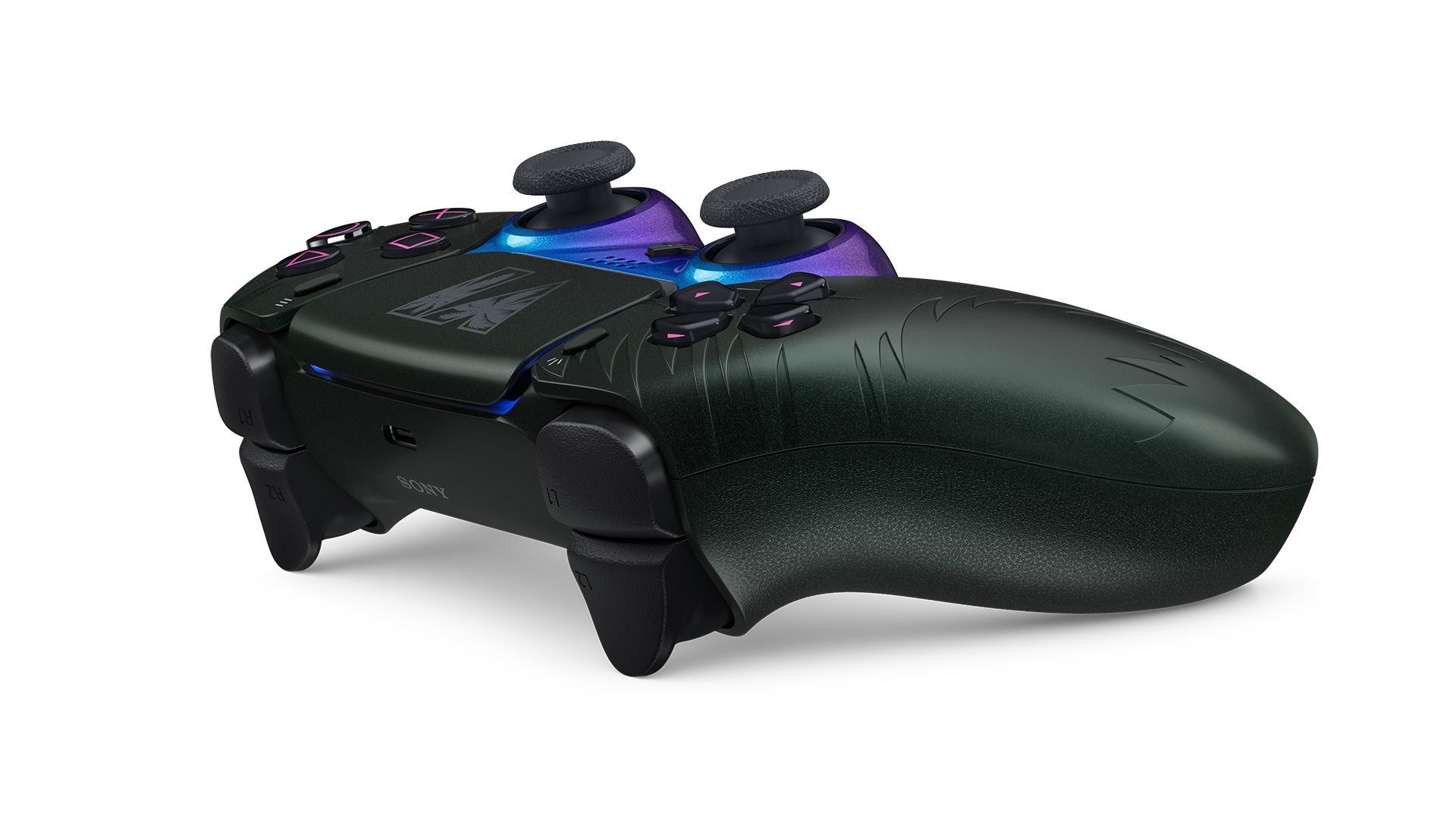 DualSense Wireless Controller Grand Theft Auto VI Black Limited Edition, rear three-quarter view showing GTA logo, official PlayStation press photo