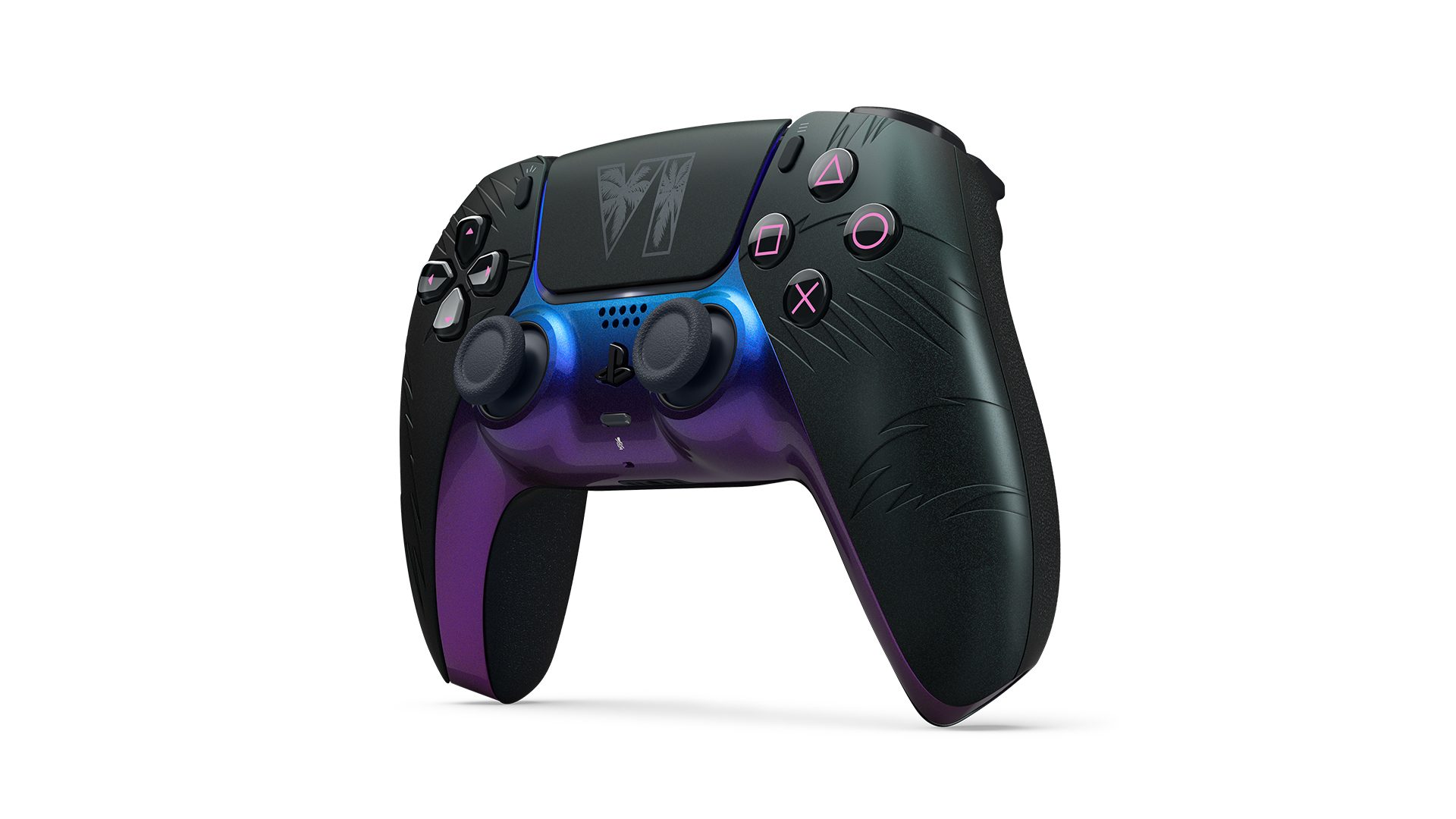 DualSense Wireless Controller Grand Theft Auto VI Black Limited Edition, three-quarter angle, official PlayStation press photo