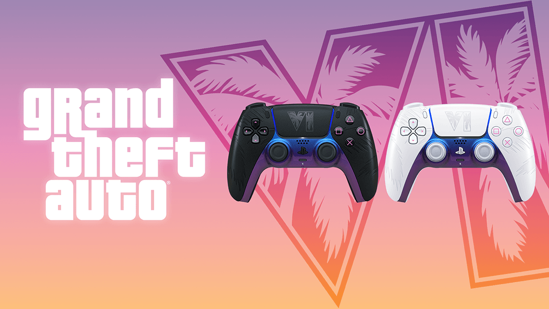 Grand Theft Auto VI Limited Edition DualSense Wireless Controllers, Black and White editions side by side, official PlayStation Blog image