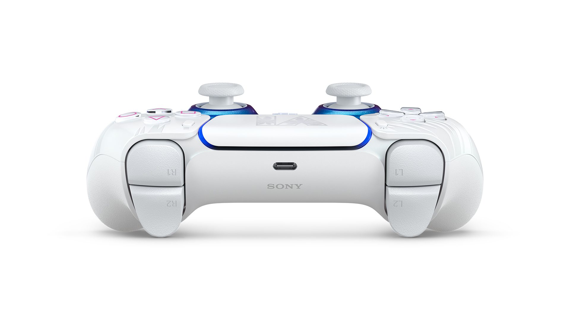 DualSense Wireless Controller Grand Theft Auto VI White Limited Edition, flat rear view showing SONY branding and L1/R1/L2/R2 triggers, official PlayStation press photo