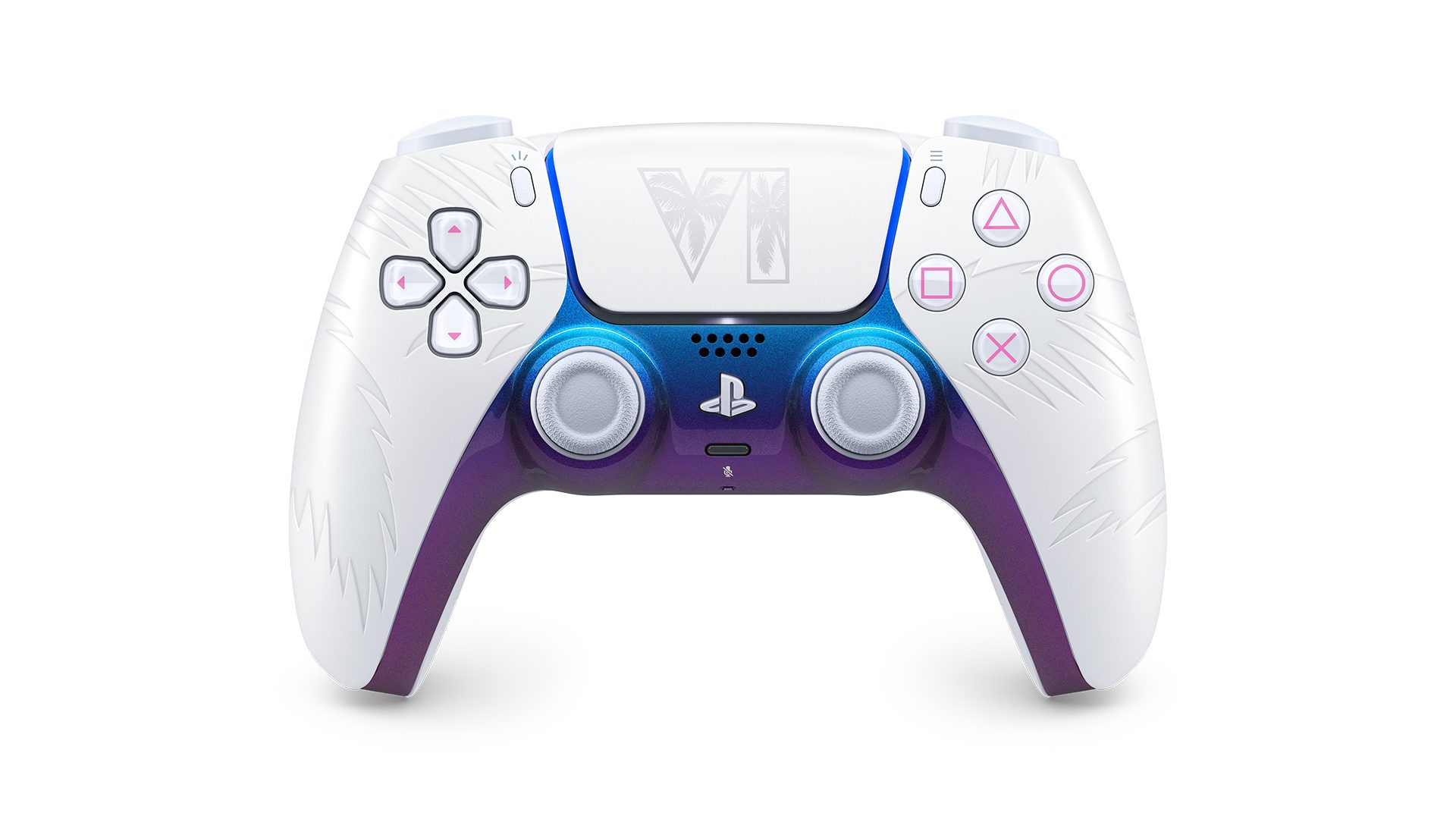 DualSense Wireless Controller Grand Theft Auto VI White Limited Edition, face buttons close-up, official PlayStation press photo