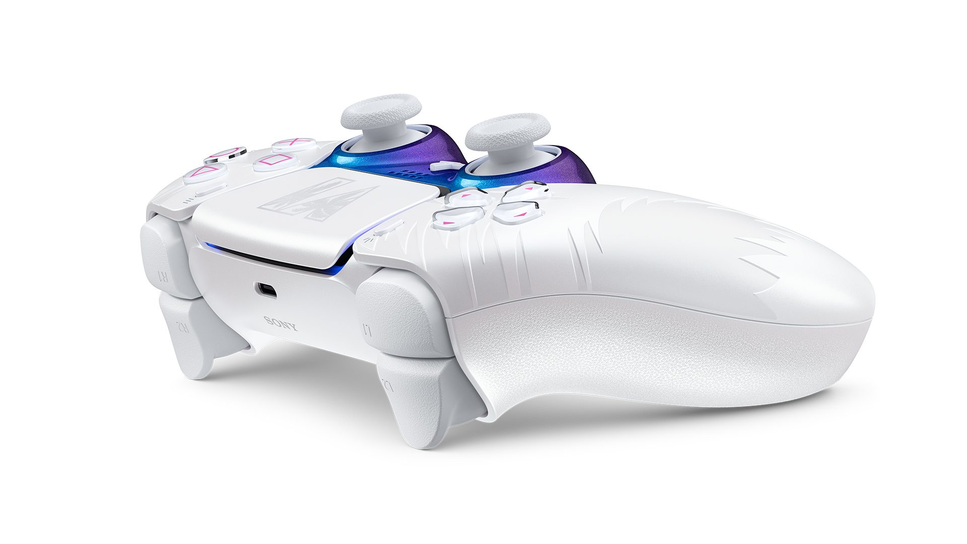 DualSense Wireless Controller Grand Theft Auto VI White Limited Edition, rear three-quarter view showing GTA logo, official PlayStation press photo