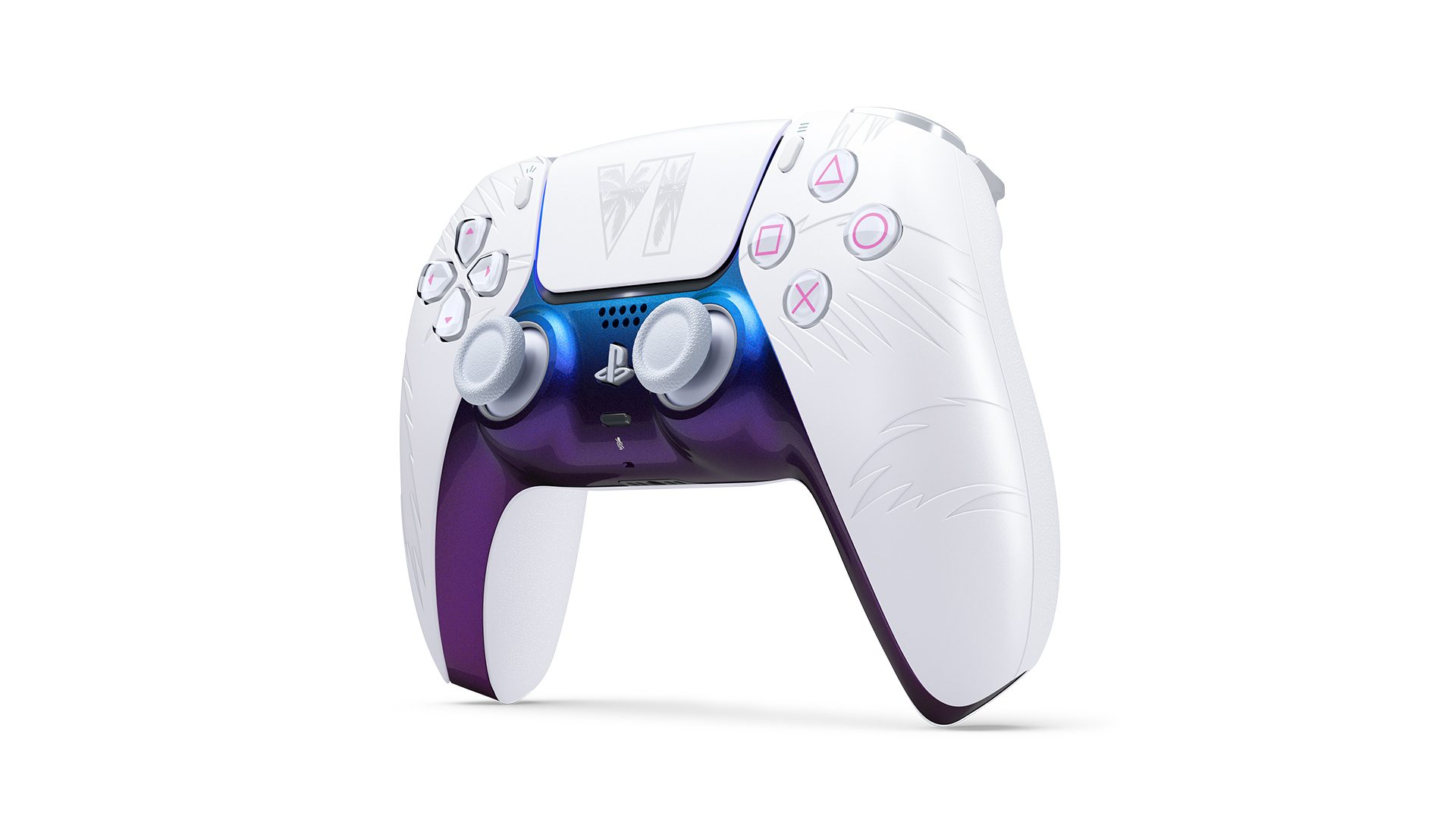 DualSense Wireless Controller Grand Theft Auto VI White Limited Edition, three-quarter angle, official PlayStation press photo