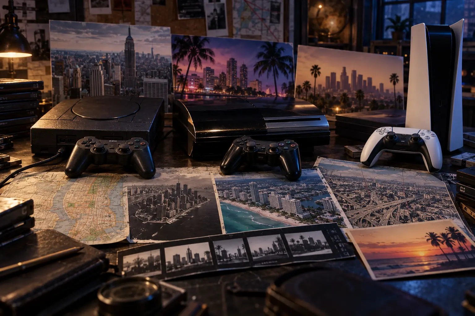 Editorial archive of console generations and city imagery representing GTA history