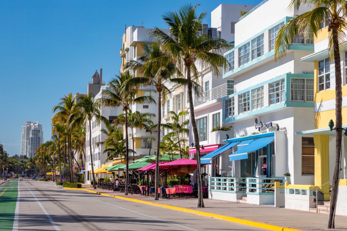 Ocean Drive Art Deco storefronts, Miami Beach, real photograph