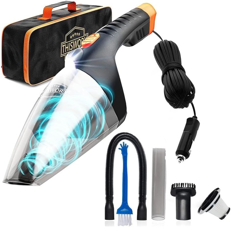 ThisWorx Car Vacuum Cleaner 2.0, Portable Handheld Mini Vacuums | 16ft Cord, LED Light, Bag, & Attachments - Small Vacuums for RV, Boats, Travel, Car Accessories, Lightweight