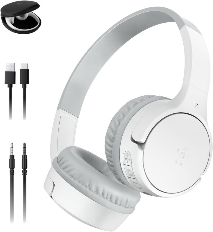 Belkin SoundForm Mini Bluetooth Kids Headphones with Case, 30H Battery Life | Toddler headphones, carrying case included, 85dB volume limiter, built-in mic, iPad, Android tablet, school