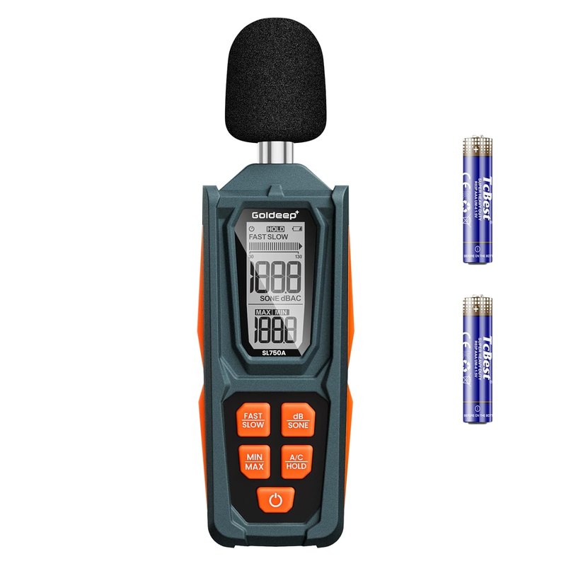 Decibel Meter, Goldeep SL750A Digital Sound Level Meter 30-130dB, A/C Weighted DB Meter with dB/SONE, Fast/Slow, MAX/MIN, LCD Sound Meter for Home, Office, Factory, Neighbor Noise - Vitality Orange