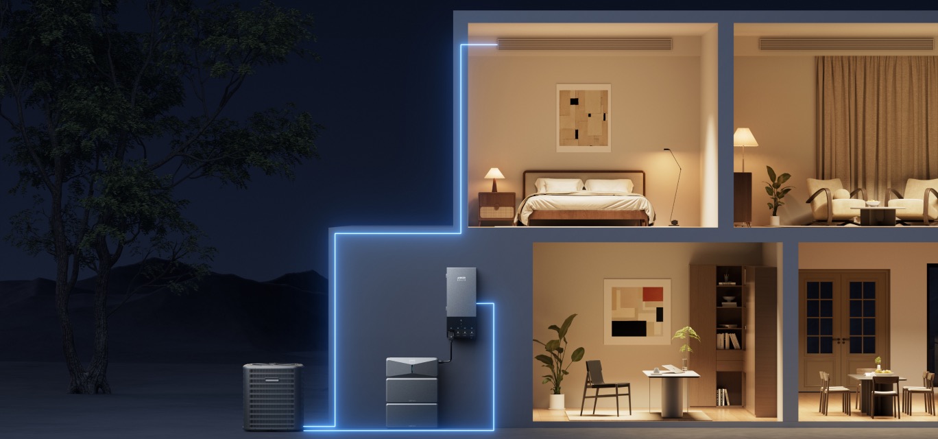 Diagram of Anker SOLIX E10 powering a home at night.
