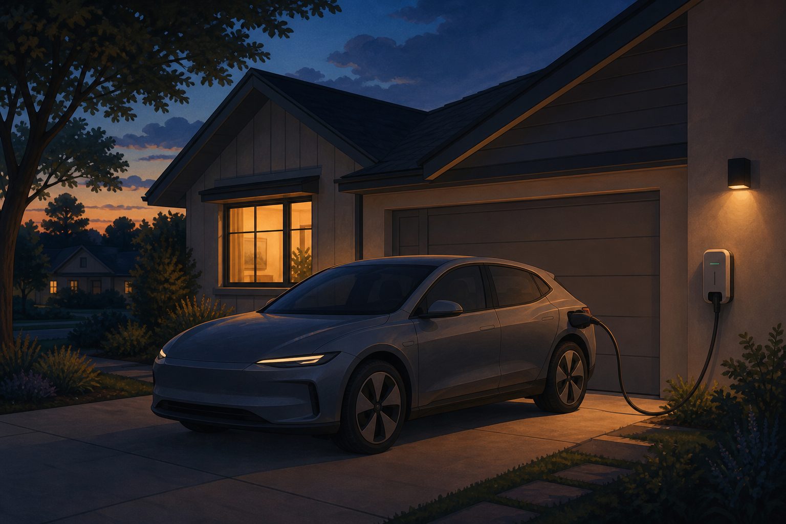 Illustration of an electric car parked on a driveway at dusk, plugged into a wall-mounted home charger.