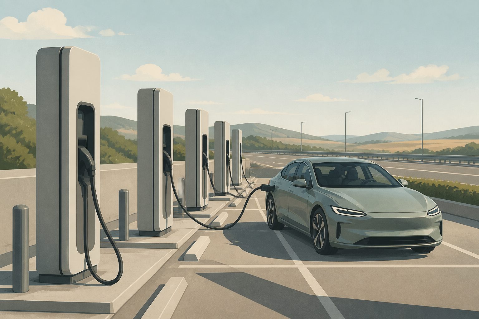 Illustration of public fast-charging pillars in an open car park beside a highway.