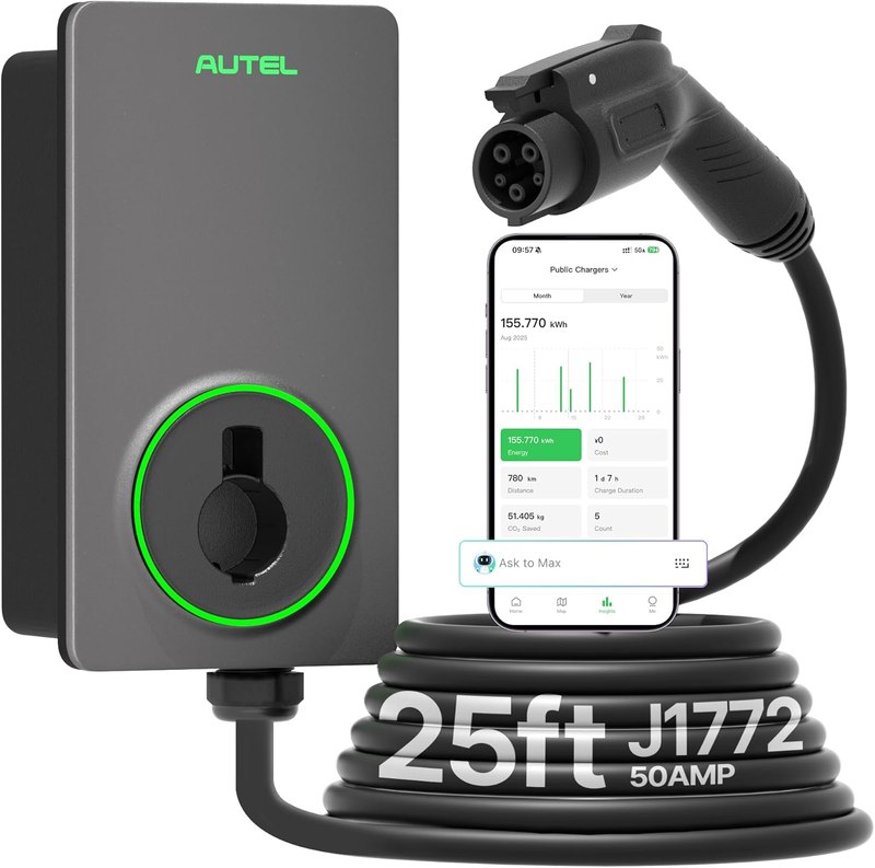 Autel Level 2 EV Charger up to 50Amp, Hardwired,240V, Indoor/Outdoor Fast Electric Vehicle Charging Station with Flexible 25-Foot Cable, Dark Gray-GEN 2