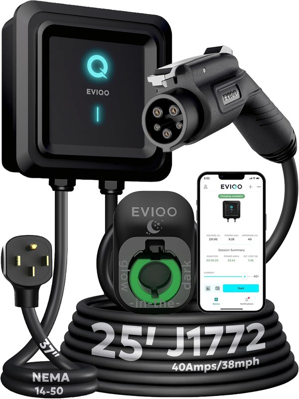 EVIQO Level 2 EV Charger J1772 40A NEMA 14-50 - 240V Wall Charging Station | Plug in, up to 40 mph, 25ft Cable, WiFi (2.4GHz), Smart App, Weatherproof Indoor/Outdoor (IP66, NEMA 4), UL & ETL Certified