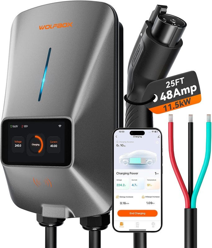 WOLFBOX Level 2 EV Charger 48amp,Hardwired with J1772 Connector,240V(E48) | CSA Certified,Weatherproof(IP66,NEMA4),25FT Cable,Smart APP&RFID Card control,Wi-Fi Enabled,11.5KW