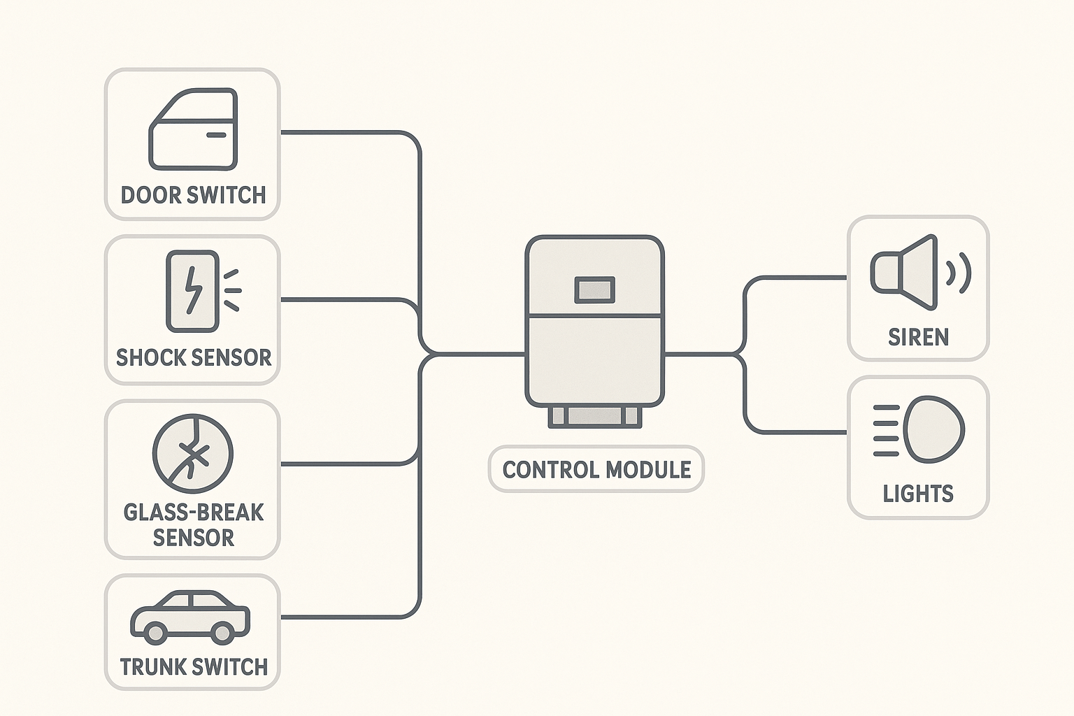 Illustration of a car alarm's sensor-to-siren circuit loop.