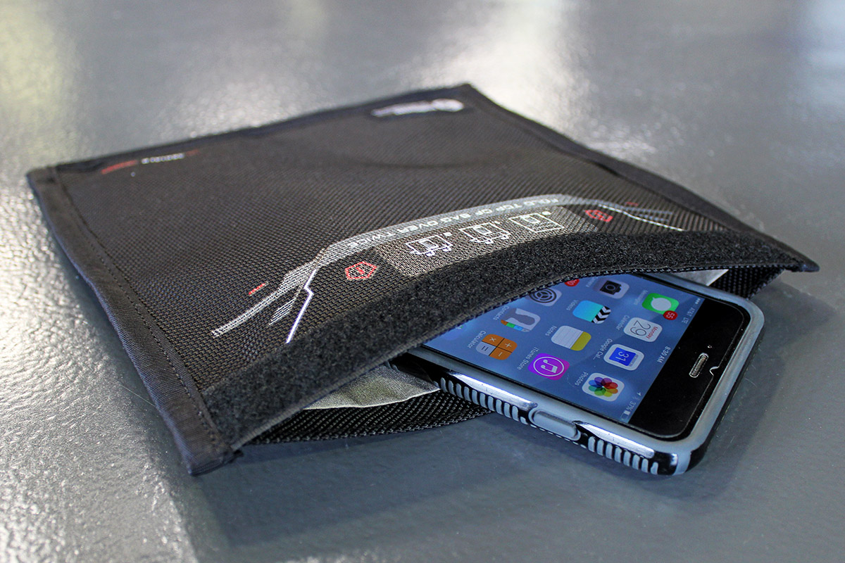 A signal-blocking Faraday bag, real photograph.