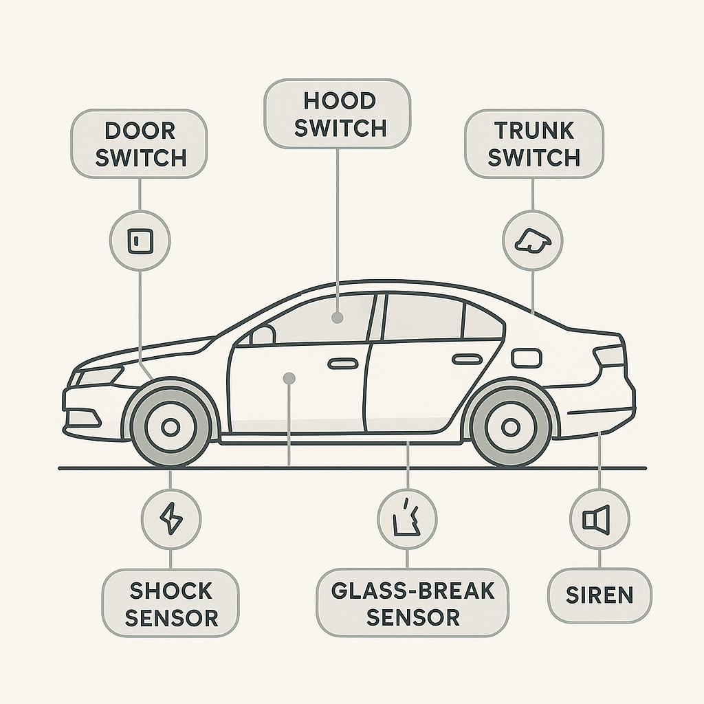 Diagram showing where every sensor is installed on a car: door, hood, and trunk switches, shock sensor, glass-break sensor, and siren.