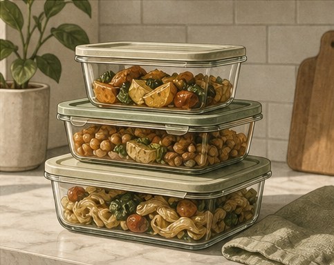 Drawing of glass containers of cooked food stacked on a kitchen counter.