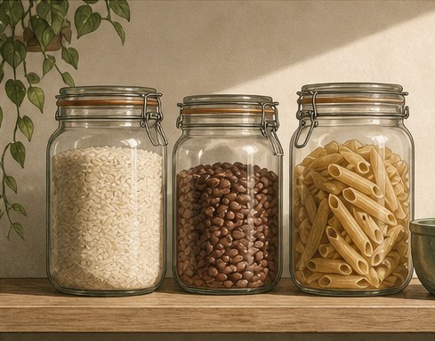 Drawing of three glass jars holding rice, dried beans and pasta on a shelf.