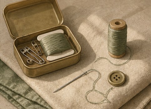 Drawing of a small mending tin with thread, a needle and a loose button on folded fabric.