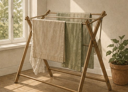 Drawing of a wooden clothes drying rack holding linen laundry beside a window.