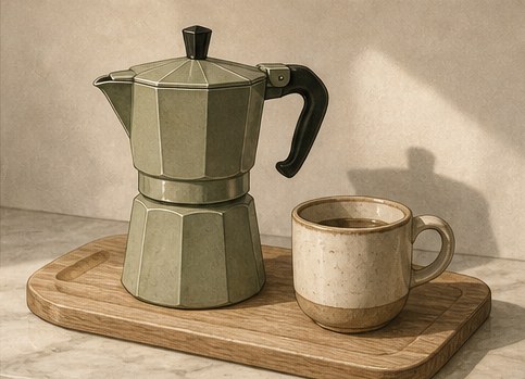 Drawing of a stovetop moka pot beside a single ceramic cup on a wooden board.
