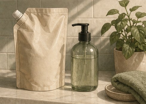 Drawing of a large refill pouch beside a reusable pump dispenser bottle on a counter.