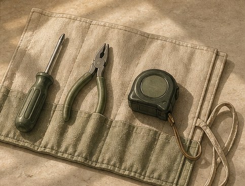 Drawing of an open canvas tool roll holding a screwdriver, pliers and a tape measure.