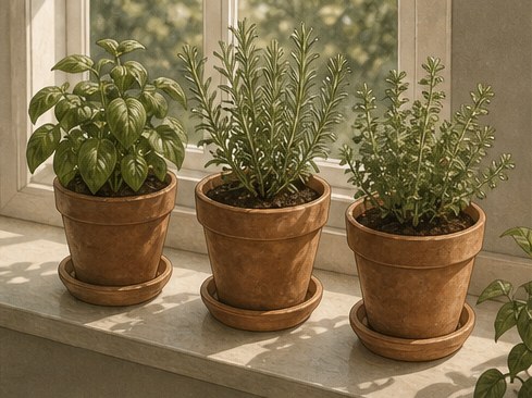 Drawing of three terracotta pots of fresh herbs on a sunny windowsill.