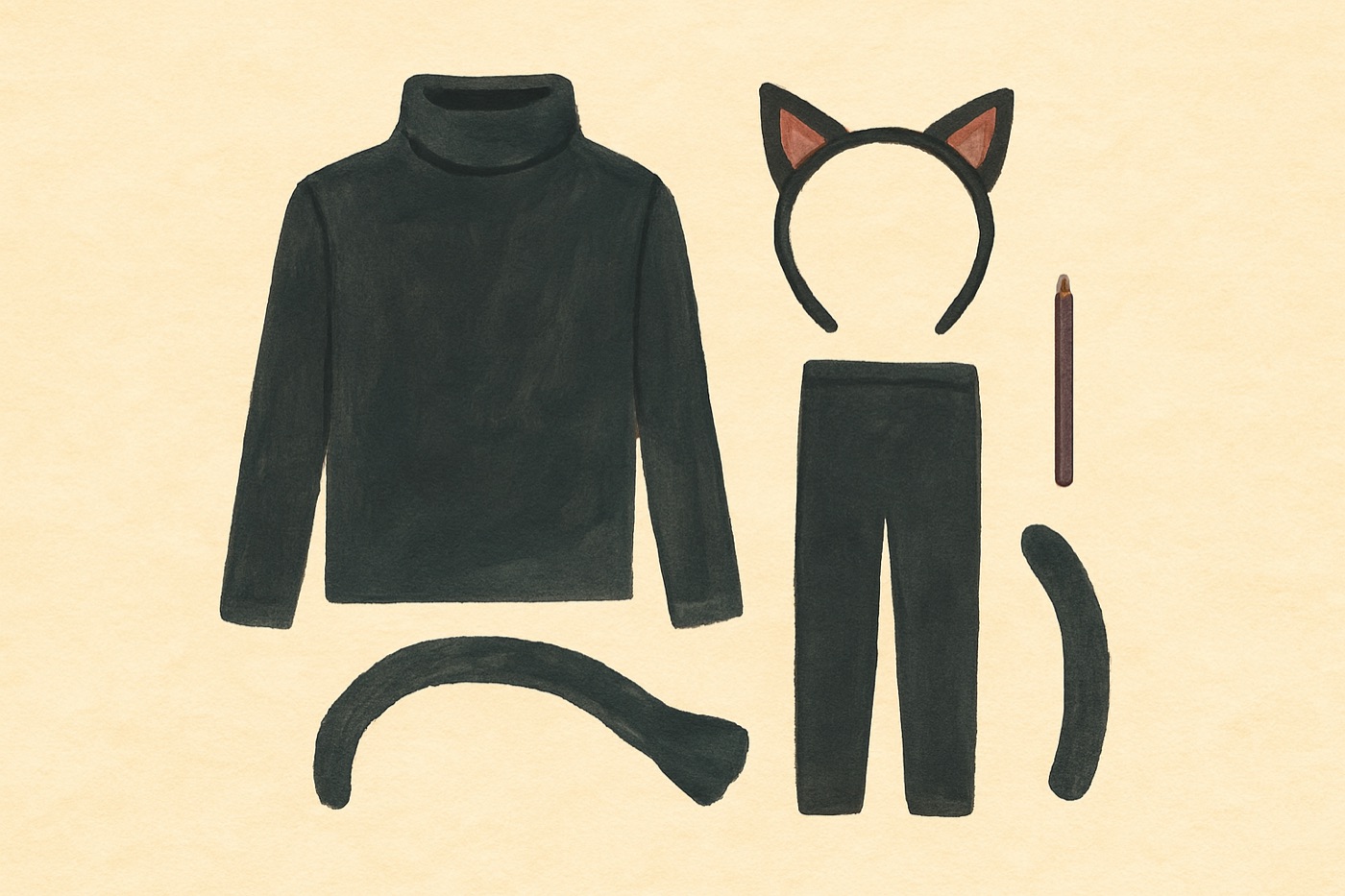 Illustration of the items needed for The Black Cat: A black turtleneck or long-sleeve; black leggings or pants; black shoes.