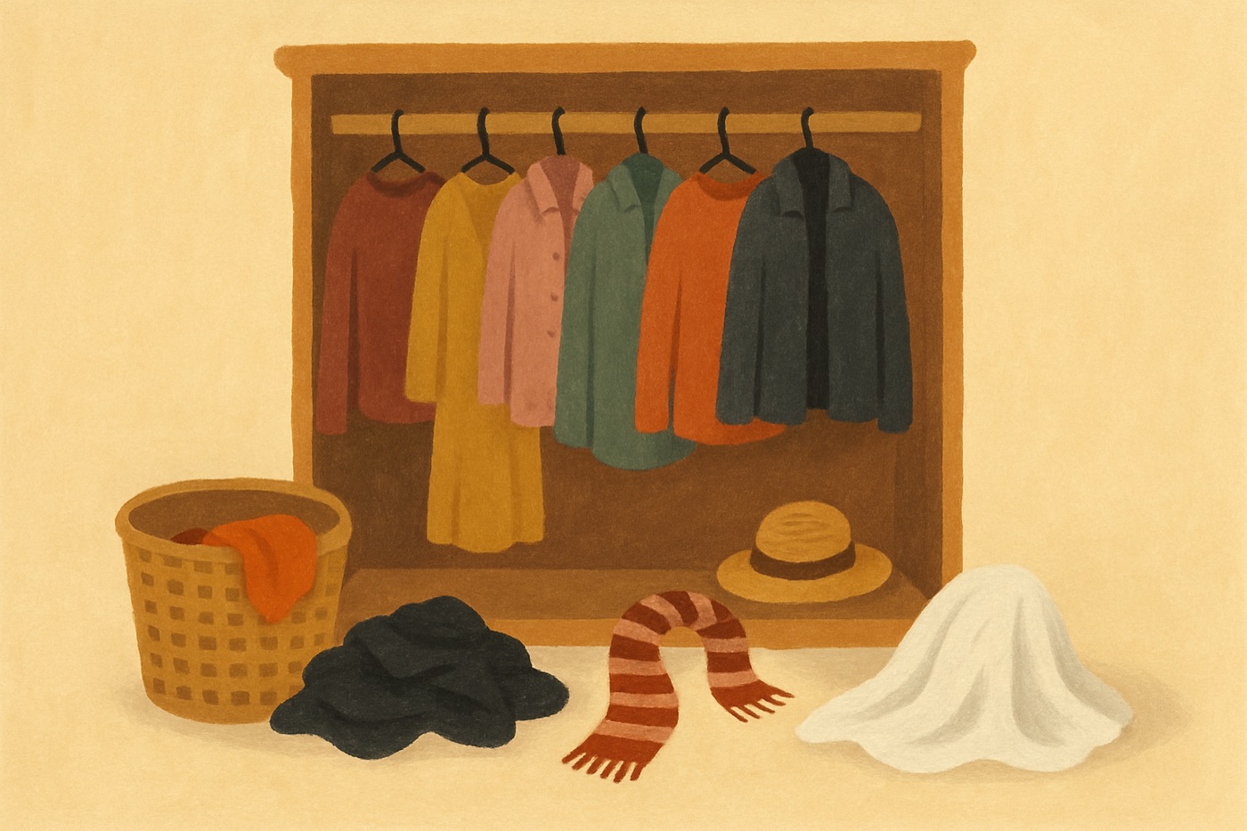 Illustration of an open wardrobe with a pile of black clothes, a striped scarf, a straw hat and a white sheet on the floor beginning to form a costume.