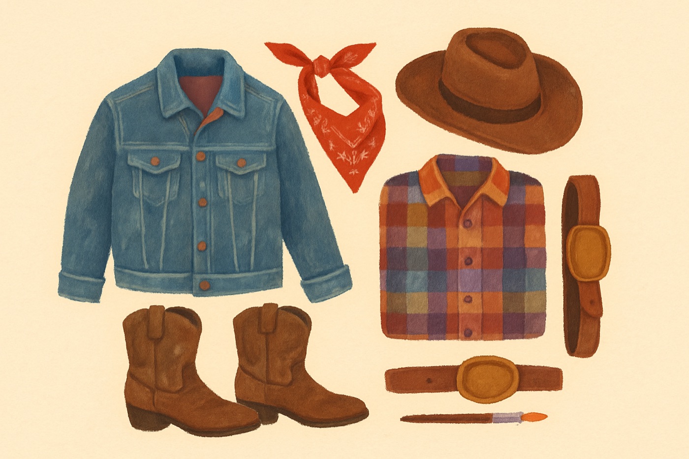 Illustration of the items needed for The Cowboy or Cowgirl: A denim jacket or shirt; jeans; boots; a belt.
