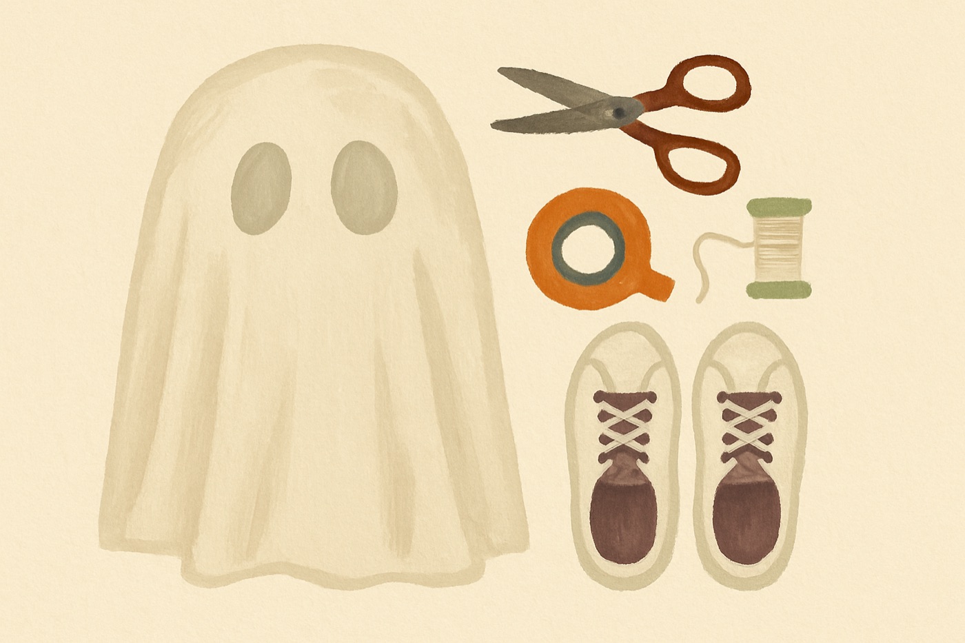 Illustration of the items needed for The Bedsheet Ghost: An old or thrifted flat sheet in white or cream; a snug top and pants underneath; sneakers.