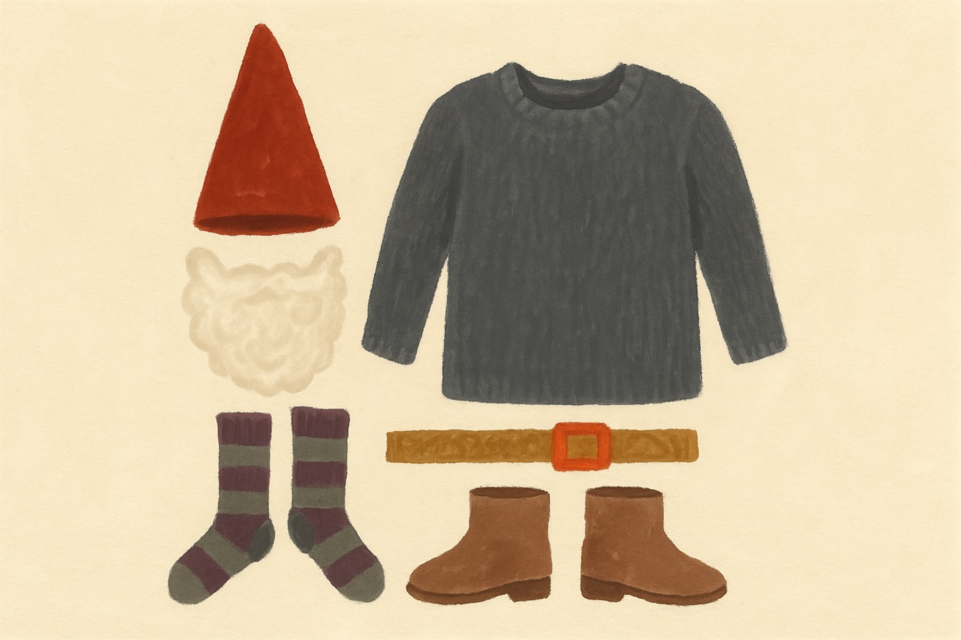 Illustration of the items needed for The Garden Gnome: A gray or blue sweater; striped socks; boots; a belt.