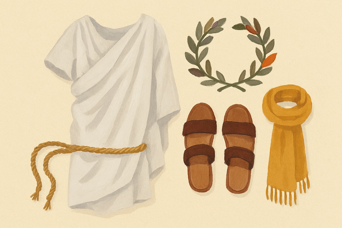 Illustration of the items needed for The Sheet-Toga Goddess: A flat sheet; a long scarf or cord for the belt; sandals or flat shoes.