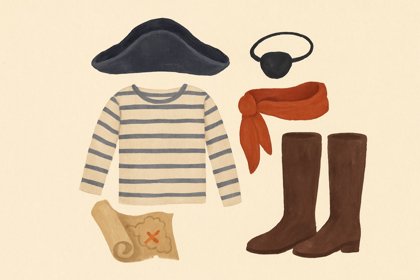 Illustration of the items needed for The Scarf Pirate: A striped or white loose shirt; dark pants; tall boots or any boots.